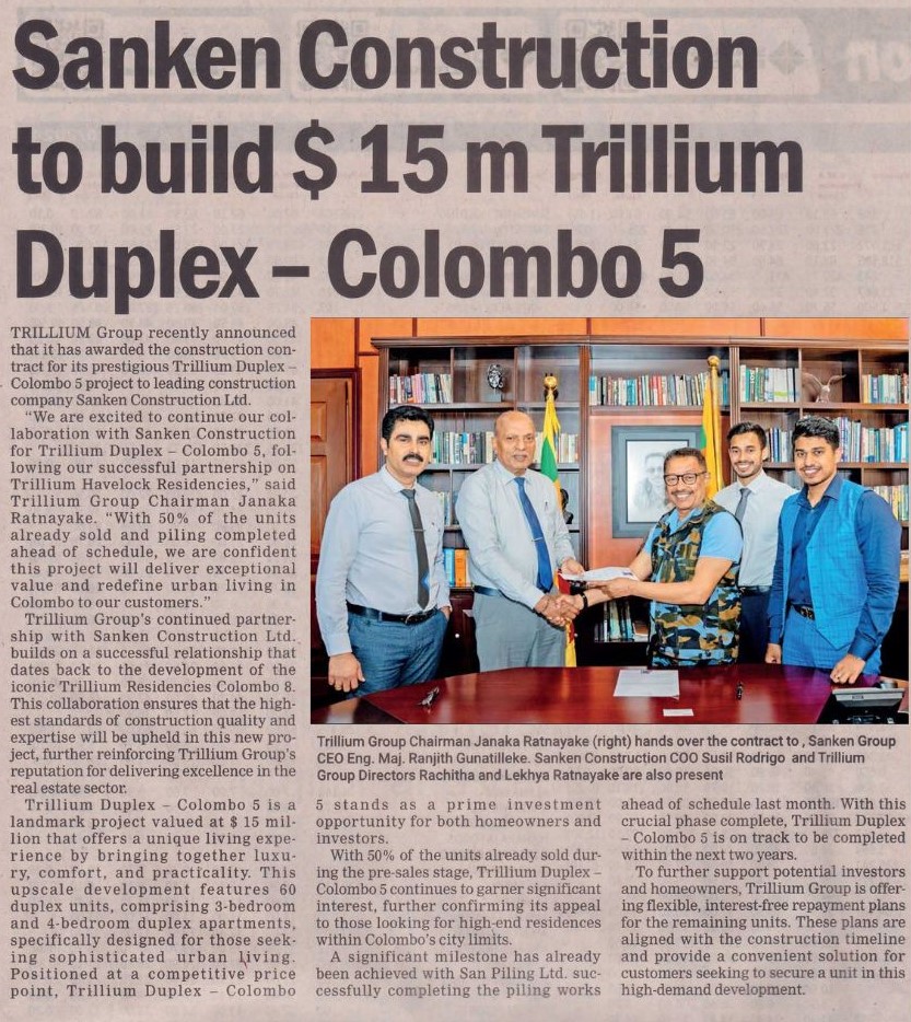 Sanken Construction to build $15 m Trillium Duplex - Colombo 5